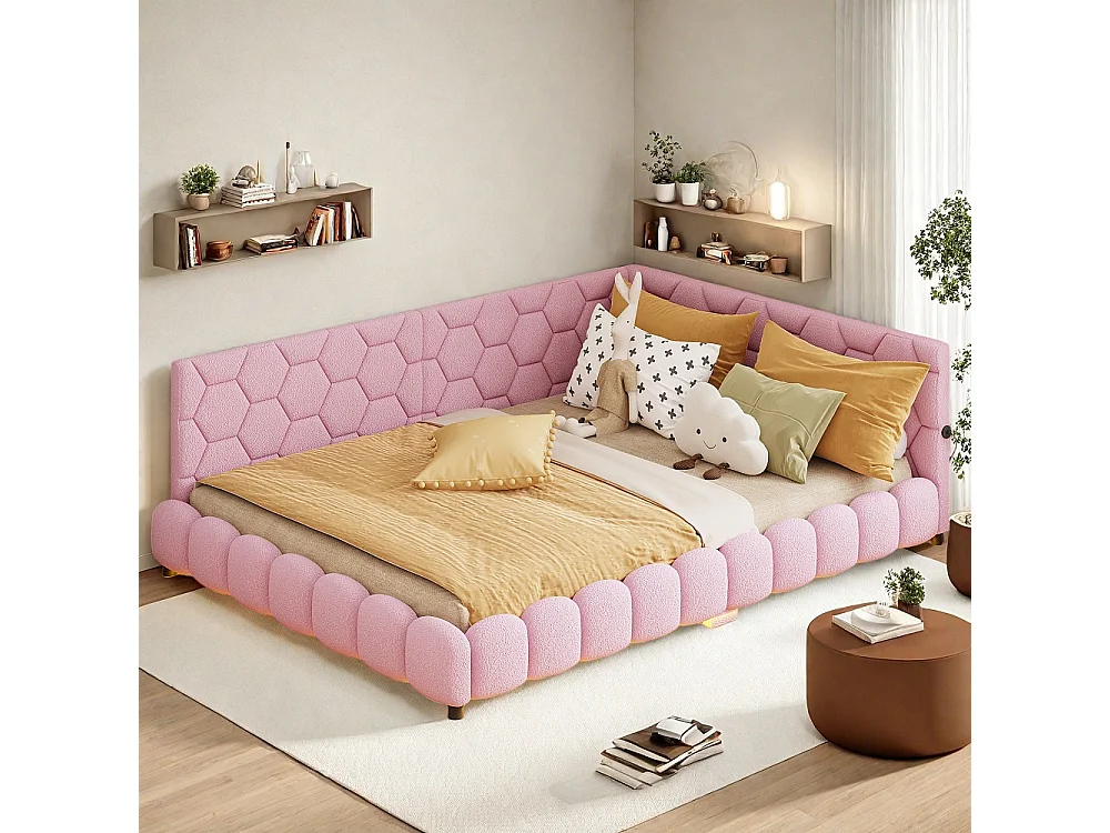 Lit de jour rembourré - 140 x 200 cm - avec éclairage LED et charge USB - Fleece d'agneau - Rose