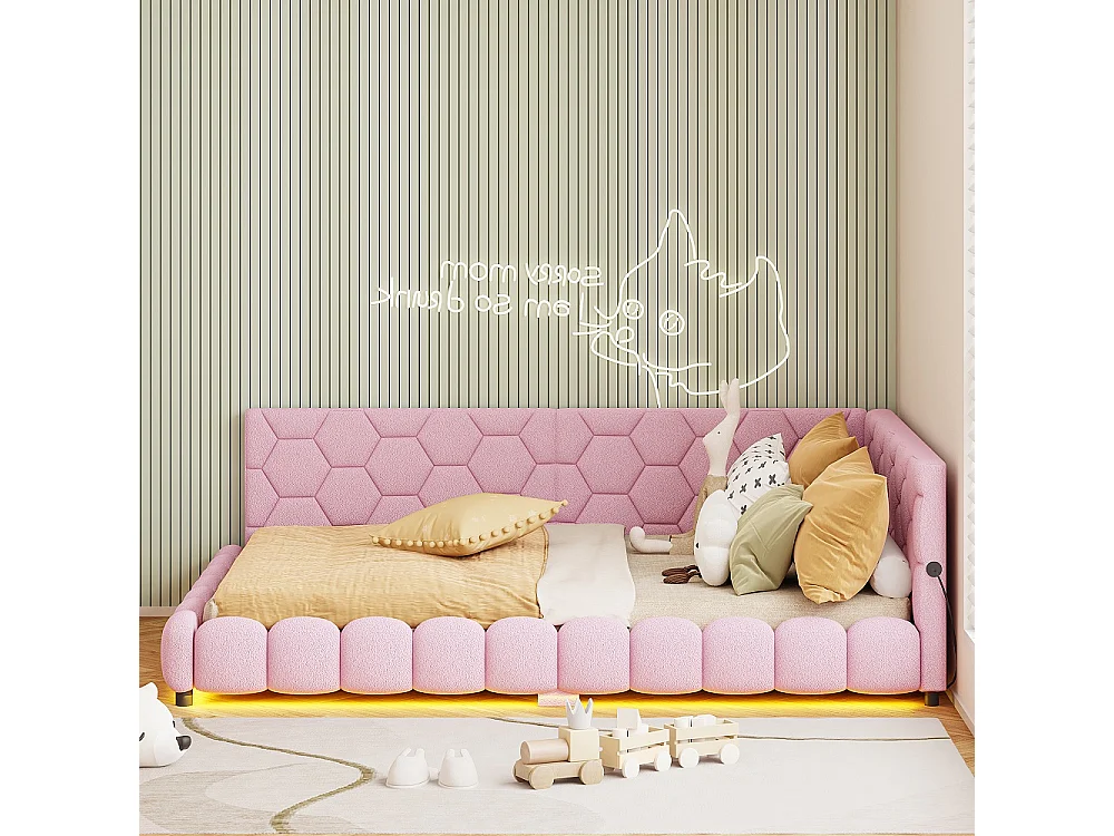 Lit de jour rembourré - 140 x 200 cm - avec éclairage LED et charge USB - Fleece d'agneau - Rose