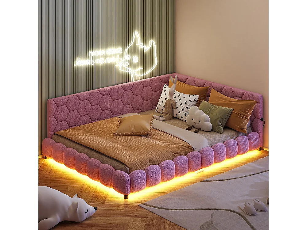 Lit de jour rembourré - 140 x 200 cm - avec éclairage LED et charge USB - Fleece d'agneau - Rose
