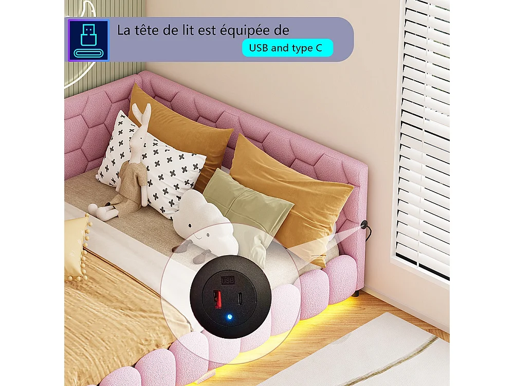 Lit de jour rembourré - 140 x 200 cm - avec éclairage LED et charge USB - Fleece d'agneau - Rose