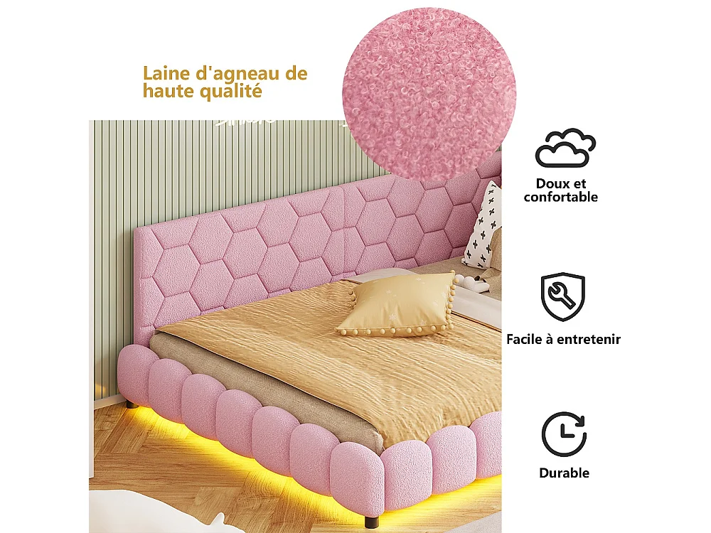 Lit de jour rembourré - 140 x 200 cm - avec éclairage LED et charge USB - Fleece d'agneau - Rose