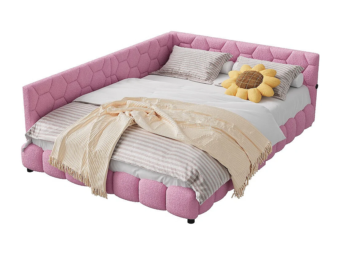 Lit de jour rembourré - 140 x 200 cm - avec éclairage LED et charge USB - Fleece d'agneau - Rose