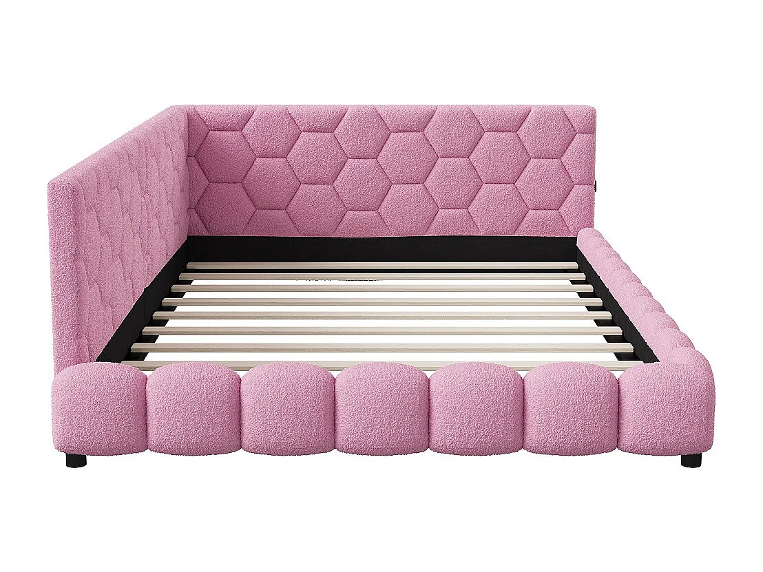 Lit de jour rembourré - 140 x 200 cm - avec éclairage LED et charge USB - Fleece d'agneau - Rose