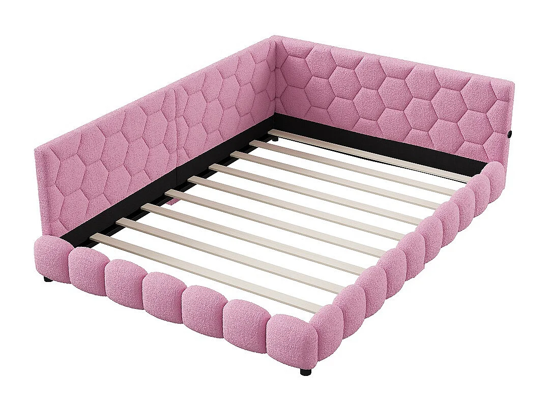 Lit de jour rembourré - 140 x 200 cm - avec éclairage LED et charge USB - Fleece d'agneau - Rose
