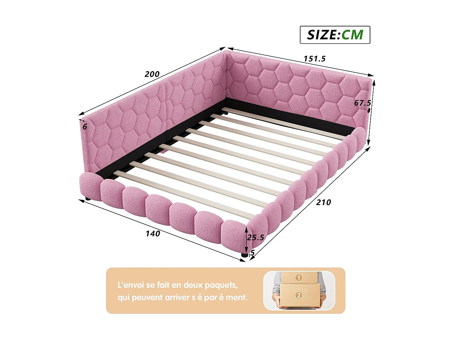 Lit de jour rembourré - 140 x 200 cm - avec éclairage LED et charge USB - Fleece d'agneau - Rose