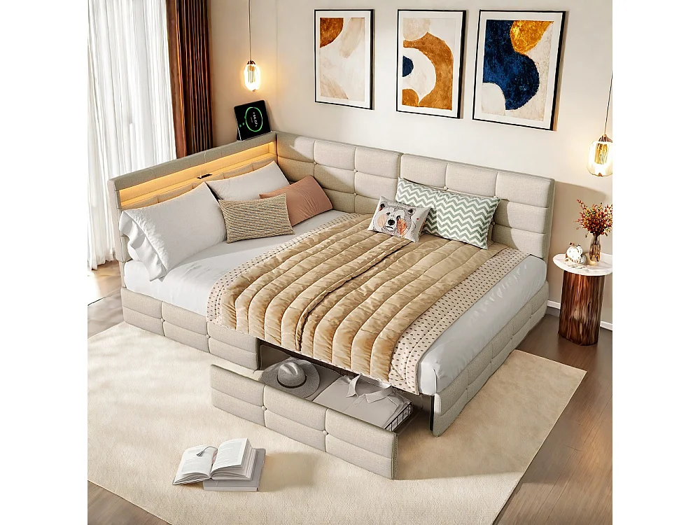 Lits en forme de L - 140 x 190 cm - avec 2 tiroirs et LED et fonction de charge - linge - beige