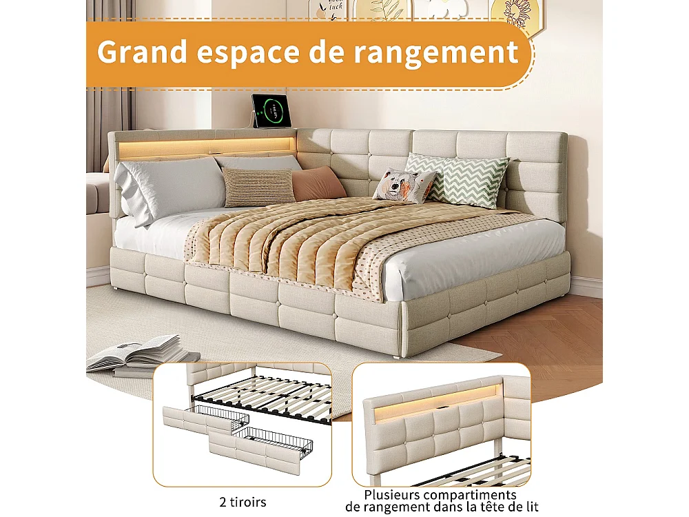Lits en forme de L - 140 x 190 cm - avec 2 tiroirs et LED et fonction de charge - linge - beige