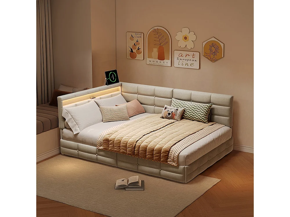 Lits en forme de L - 140 x 190 cm - avec 2 tiroirs et LED et fonction de charge - linge - beige