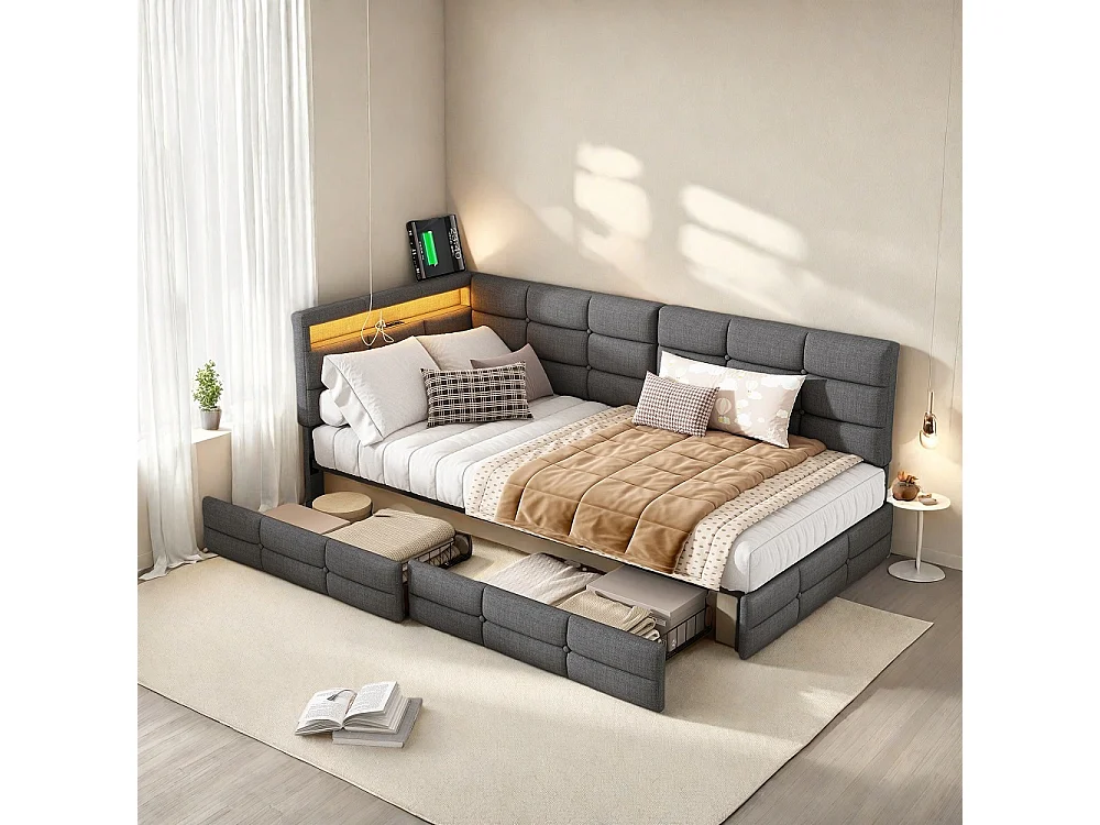 L-förmiges Bett - 90 x 200 cm - mit 2 Schubladen, LED-Lichtern und Ladefunktion - Grau
