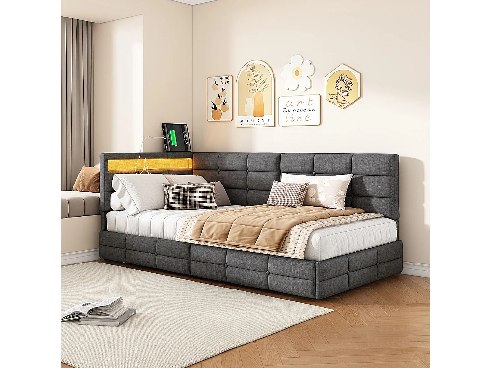 L-förmiges Bett - 90 x 200 cm - mit 2 Schubladen, LED-Lichtern und Ladefunktion - Grau