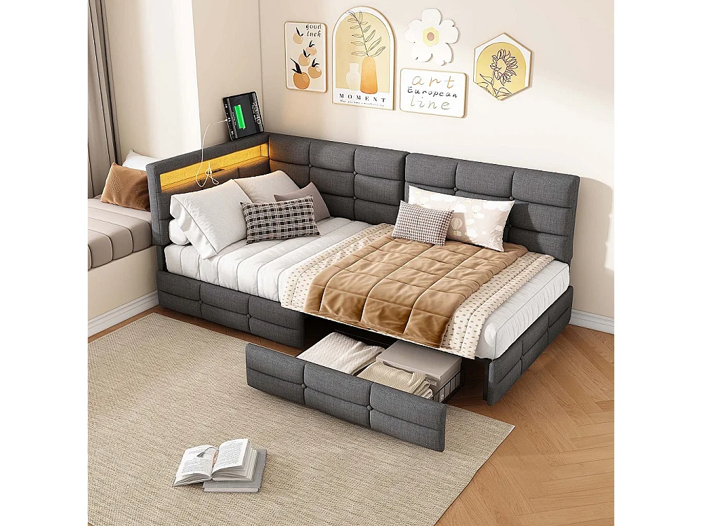 L-förmiges Bett - 90 x 200 cm - mit 2 Schubladen, LED-Lichtern und Ladefunktion - Grau