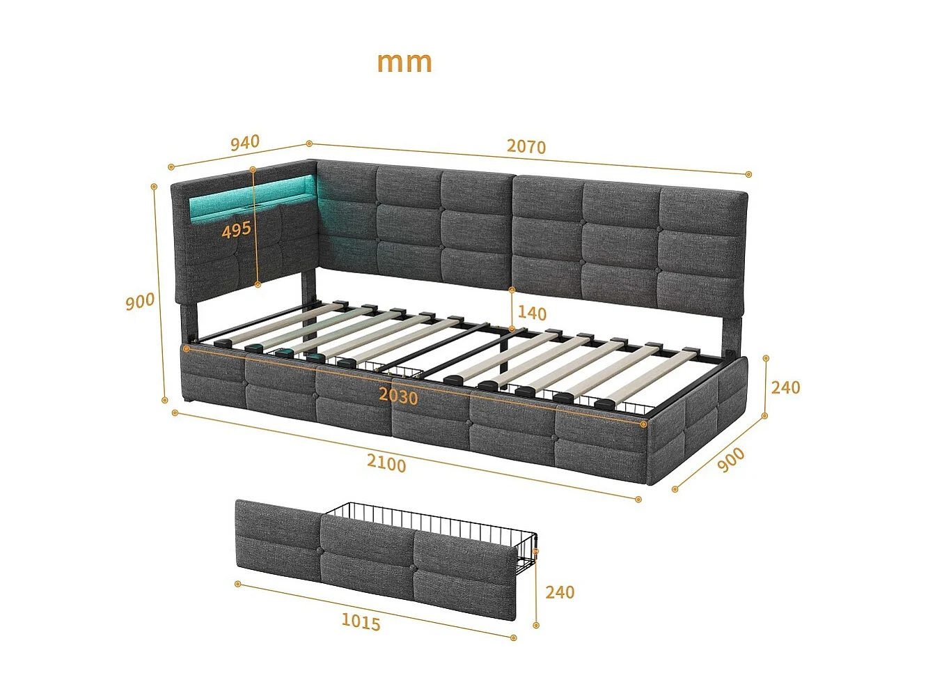 L-förmiges Bett - 90 x 200 cm - mit 2 Schubladen, LED-Lichtern und Ladefunktion - Grau
