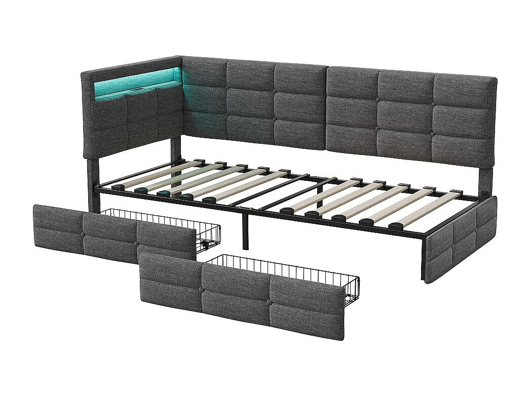 L-förmiges Bett - 90 x 200 cm - mit 2 Schubladen, LED-Lichtern und Ladefunktion - Grau