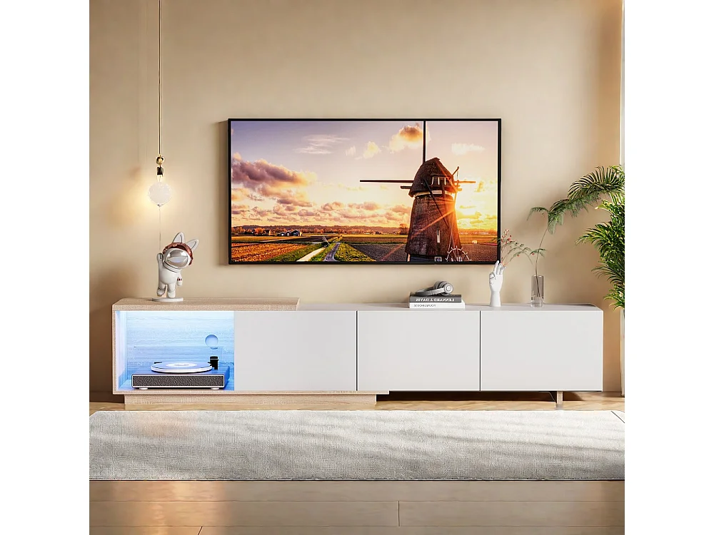 Supports TV extensibles - 240 x 44 x 38 cm - avec éclairage LED Entreposage ouvert et 3 tiroirs tiroirs - Blanc