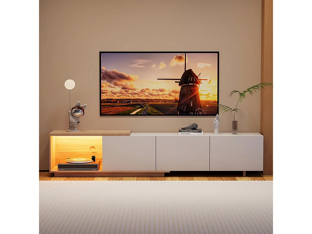 Supports TV extensibles - 240 x 44 x 38 cm - avec éclairage LED Entreposage ouvert et 3 tiroirs tiroirs - Blanc