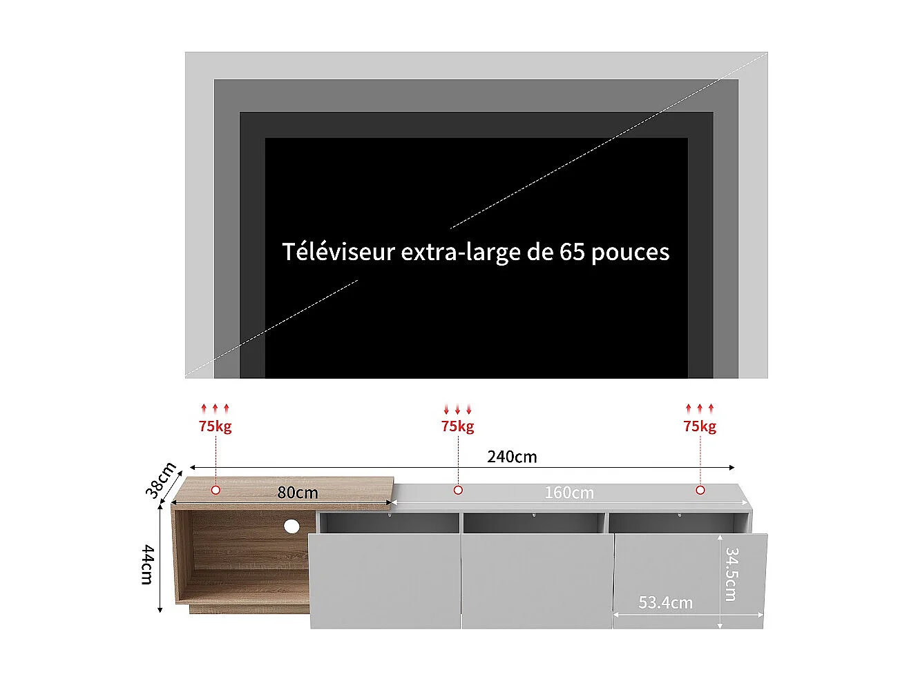 Supports TV extensibles - 240 x 44 x 38 cm - avec éclairage LED Entreposage ouvert et 3 tiroirs tiroirs - Blanc