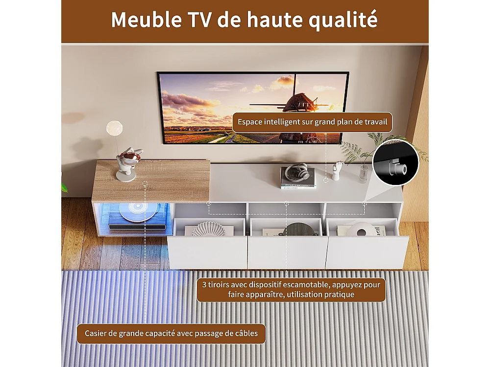 Supports TV extensibles - 240 x 44 x 38 cm - avec éclairage LED Entreposage ouvert et 3 tiroirs tiroirs - Blanc