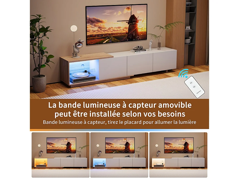 Supports TV extensibles - 240 x 44 x 38 cm - avec éclairage LED Entreposage ouvert et 3 tiroirs tiroirs - Blanc