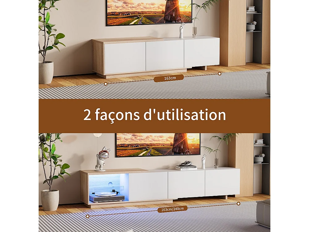 Supports TV extensibles - 240 x 44 x 38 cm - avec éclairage LED Entreposage ouvert et 3 tiroirs tiroirs - Blanc