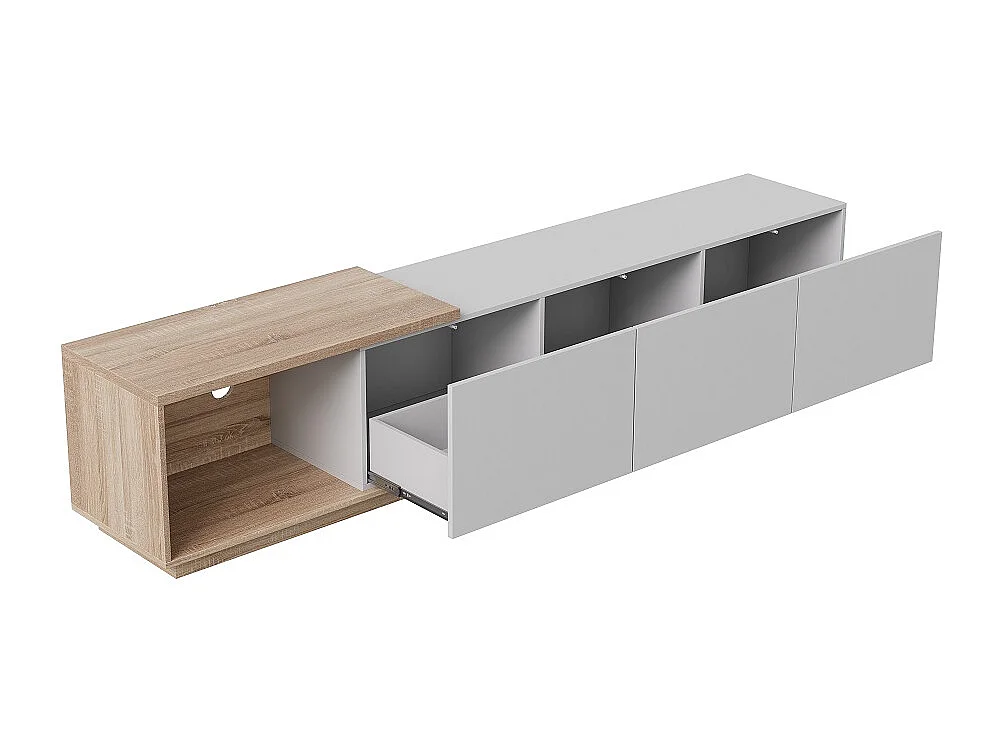 Supports TV extensibles - 240 x 44 x 38 cm - avec éclairage LED Entreposage ouvert et 3 tiroirs tiroirs - Blanc