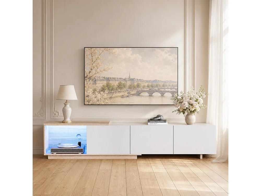 Moderne TV-bord med LED-belysning og udtrækkeligt design - Hvid