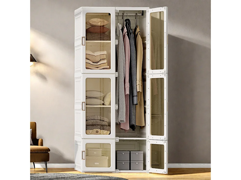 Armoire pliante - 170 x 69 x 50 cm - Avec 6 portes transparentes et barre suspendue - Plastique - BLANC