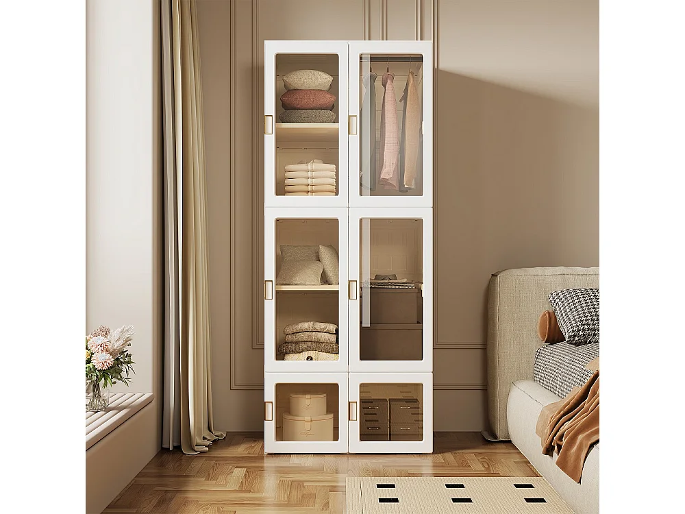 Armoire pliante - 170 x 69 x 50 cm - Avec 6 portes transparentes et barre suspendue - Plastique - BLANC