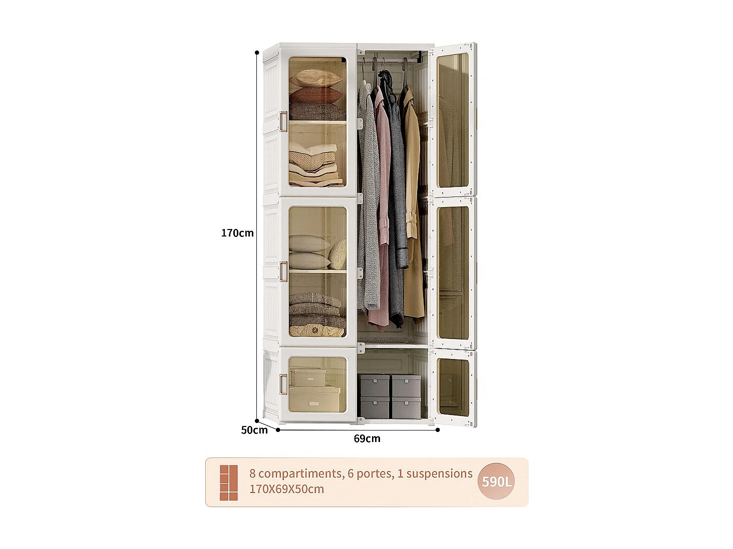Armoire pliante - 170 x 69 x 50 cm - Avec 6 portes transparentes et barre suspendue - Plastique - BLANC