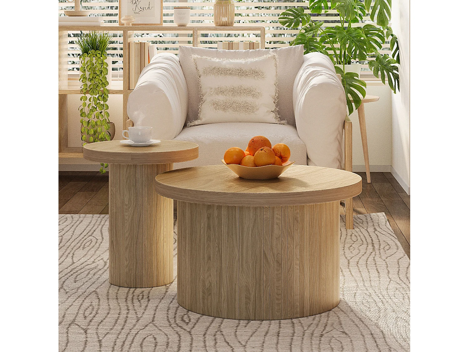 Tables Basses Rondes en MDF - Bois Naturel - 66+40cm - Set de 2
