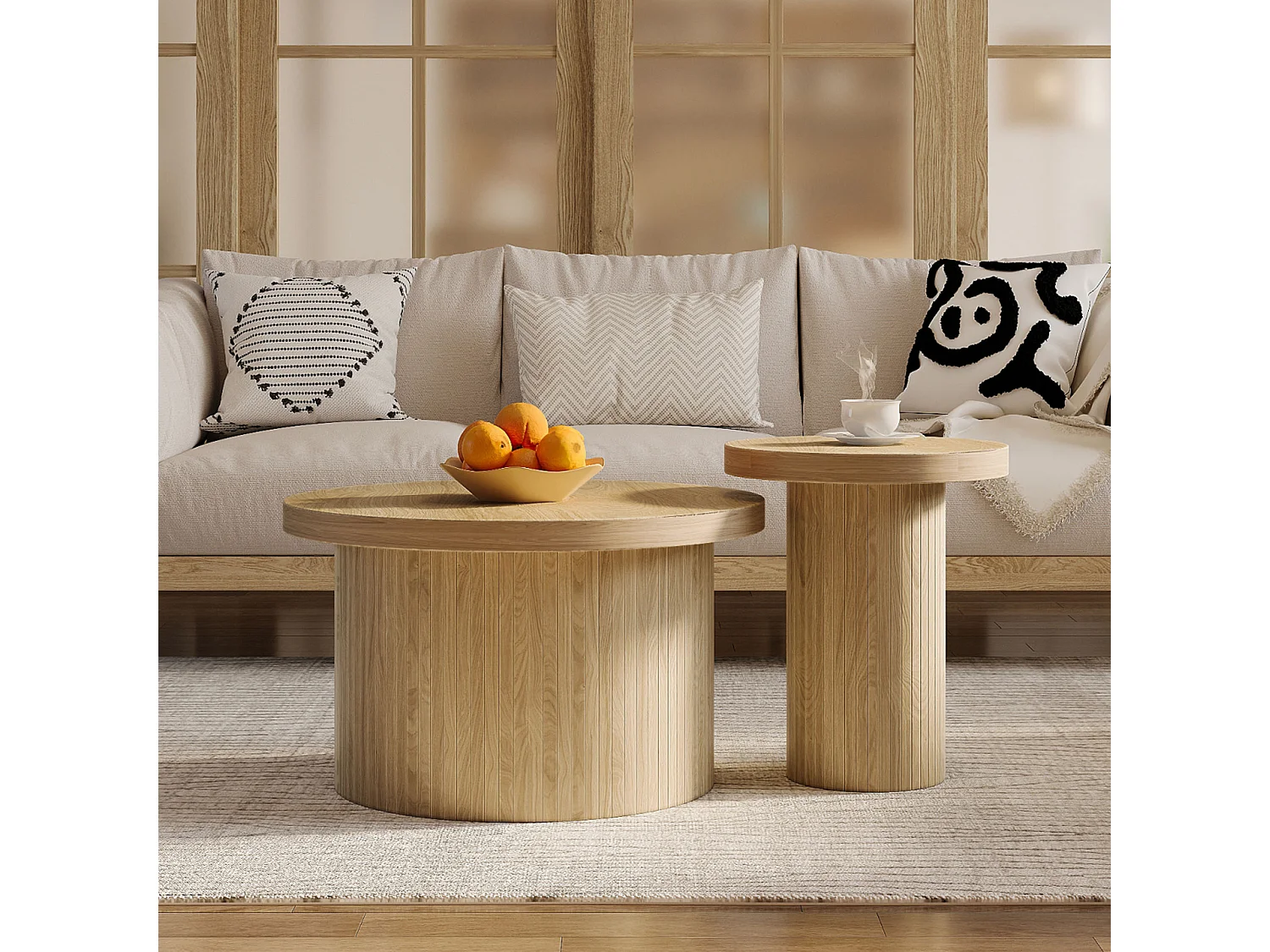 Tables Basses Rondes en MDF - Bois Naturel - 66+40cm - Set de 2