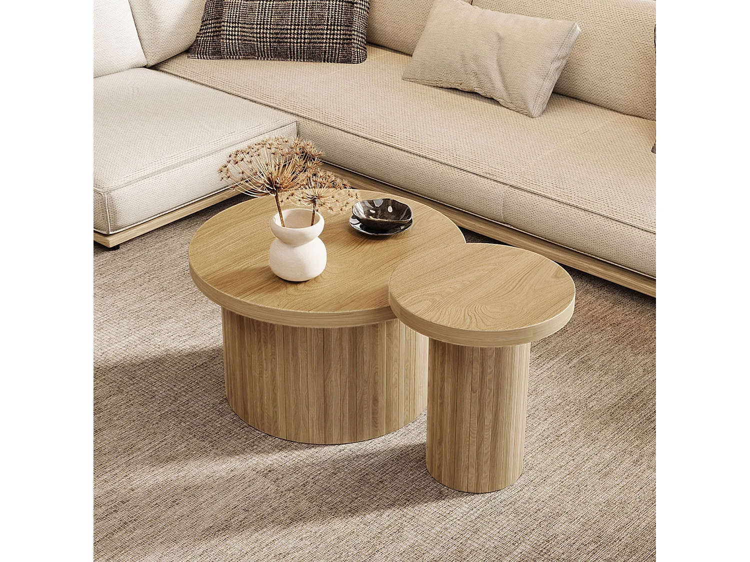 Tables Basses Rondes en MDF - Bois Naturel - 66+40cm - Set de 2
