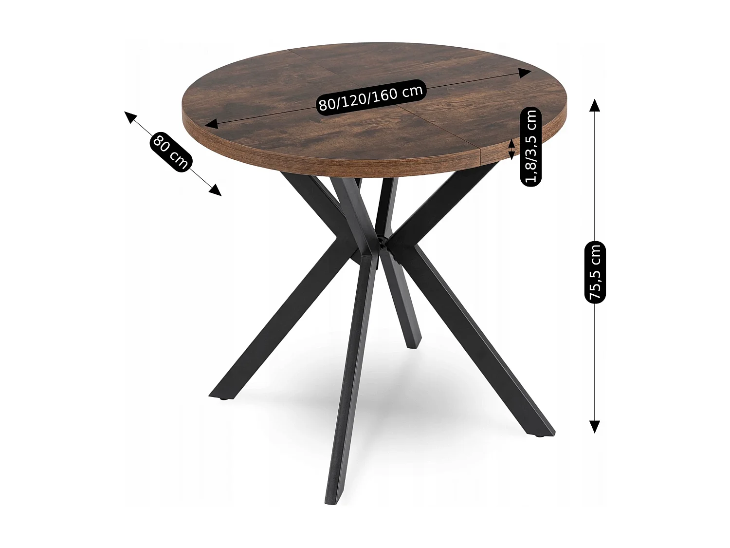 Table extensible DORIAN de dimensions 80-160 cm en chêne rustique avec pieds noirs