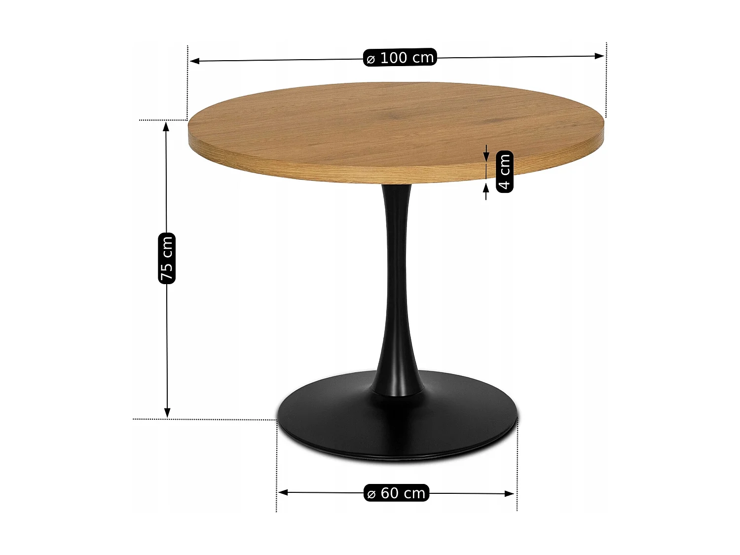Table en lino, 100 cm en chêne doré avec des pieds noirs