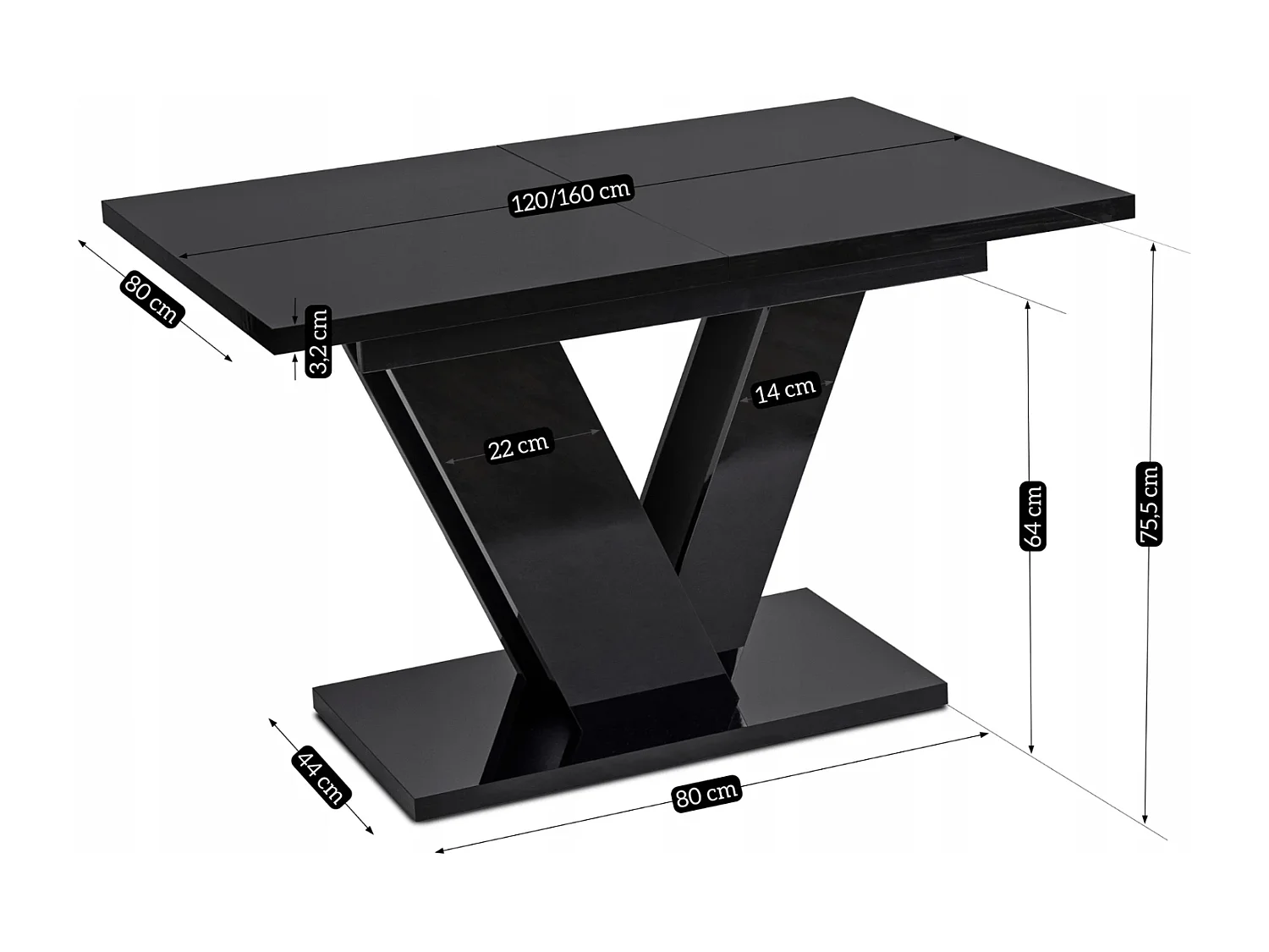 Table extensible CLARK de dimensions 120-160 cm en noir brillant