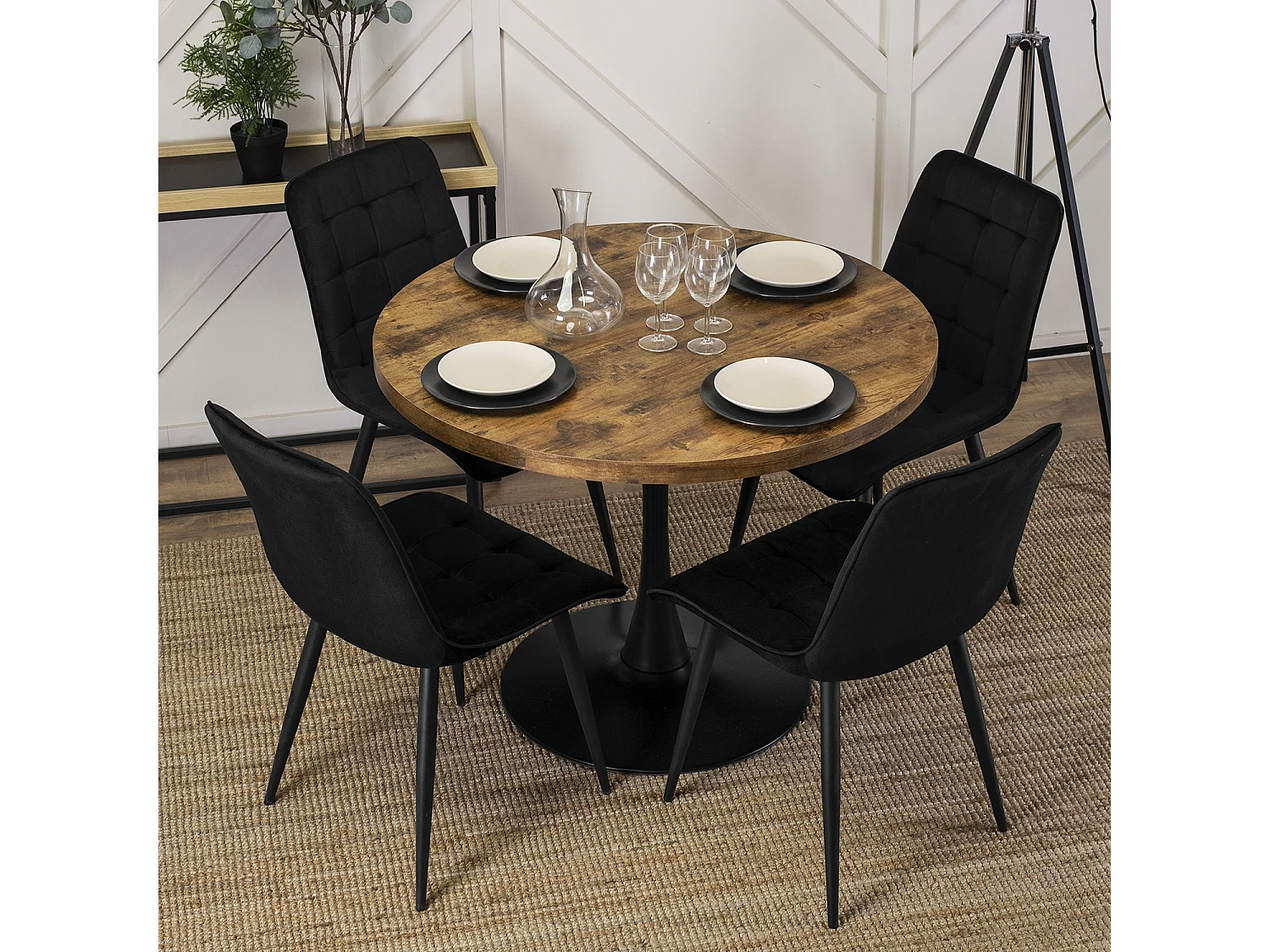 Table en linéro, 100 cm en chêne rustique, avec des pieds noirs
