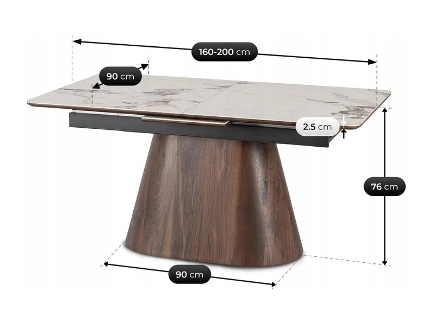Extendable table LISBON in dimensions 160-200 cm in White Marble legs in Walnut