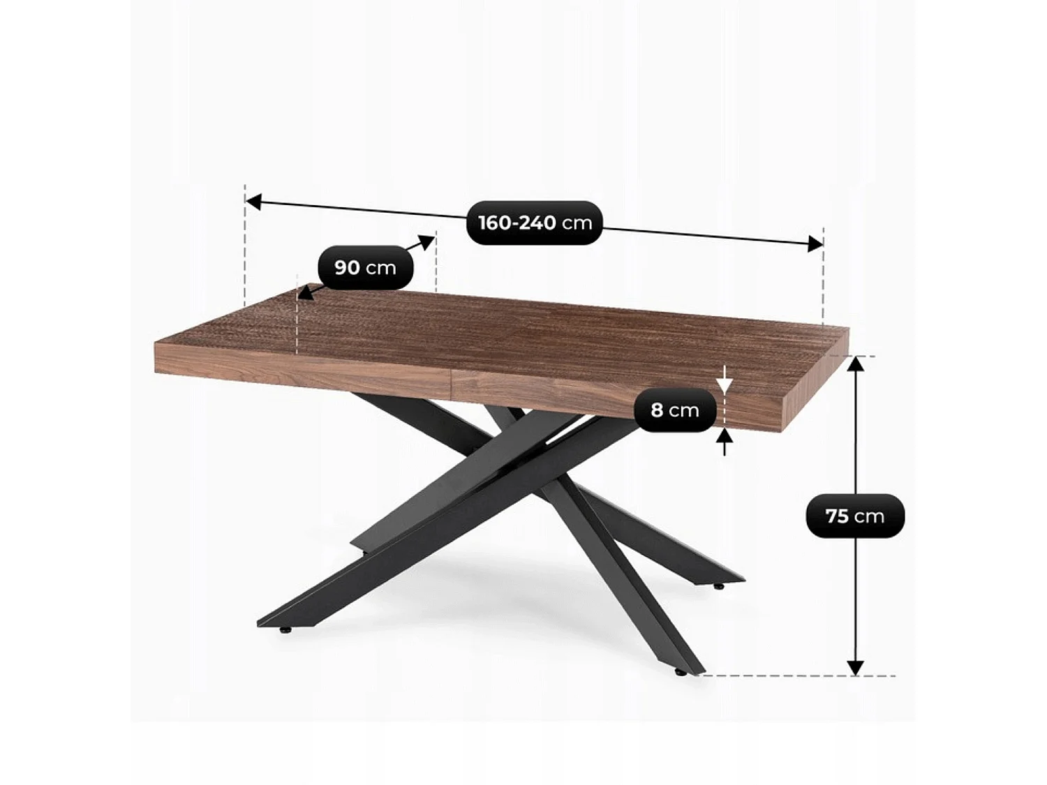 Table extensible HAMPTON de dimensions 160-240 cm en noyer avec pieds en noir