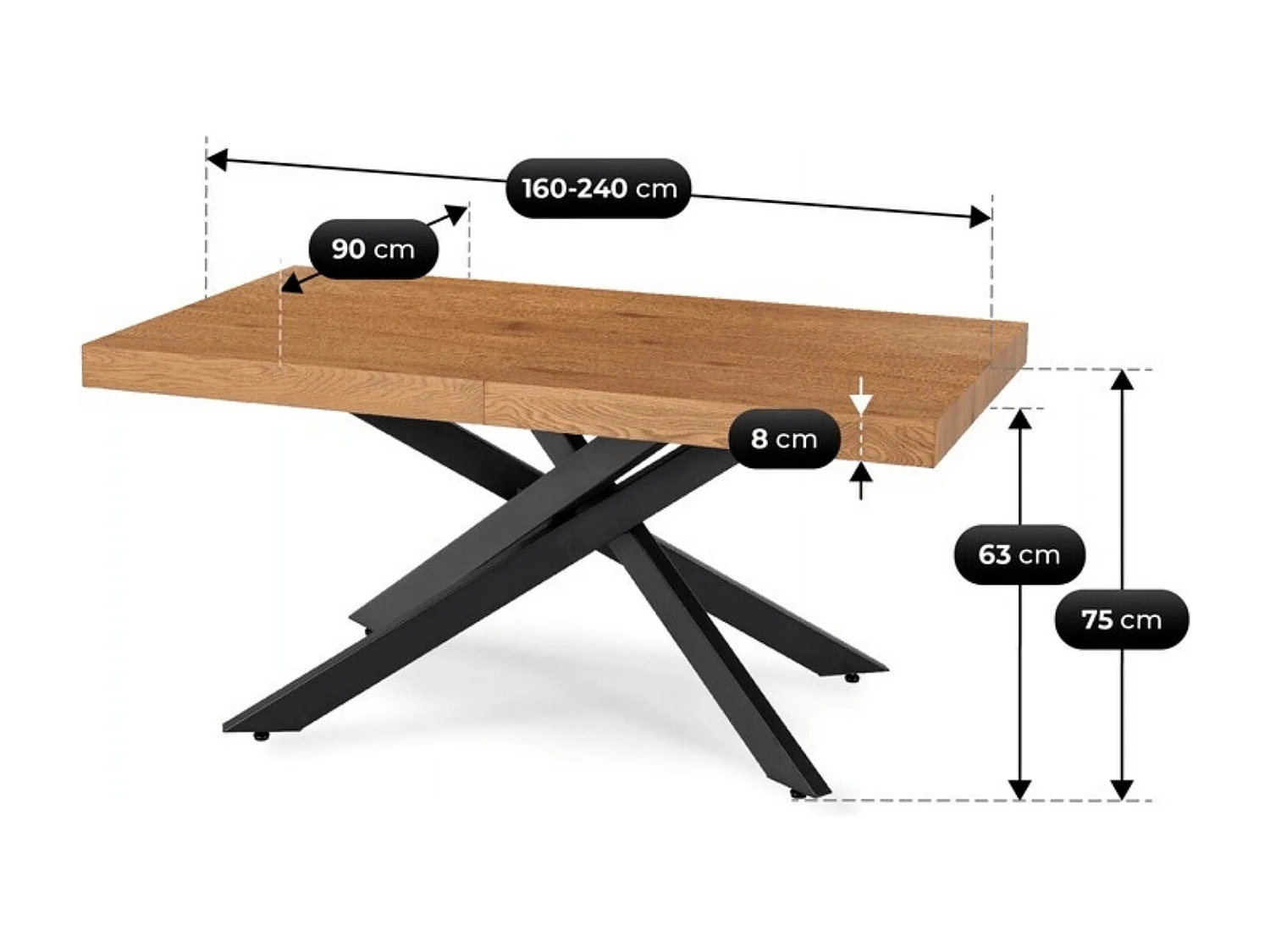 Table extensible HAMPTON de 160 à 240 cm en colrose en chêne doré avec pieds noirs
