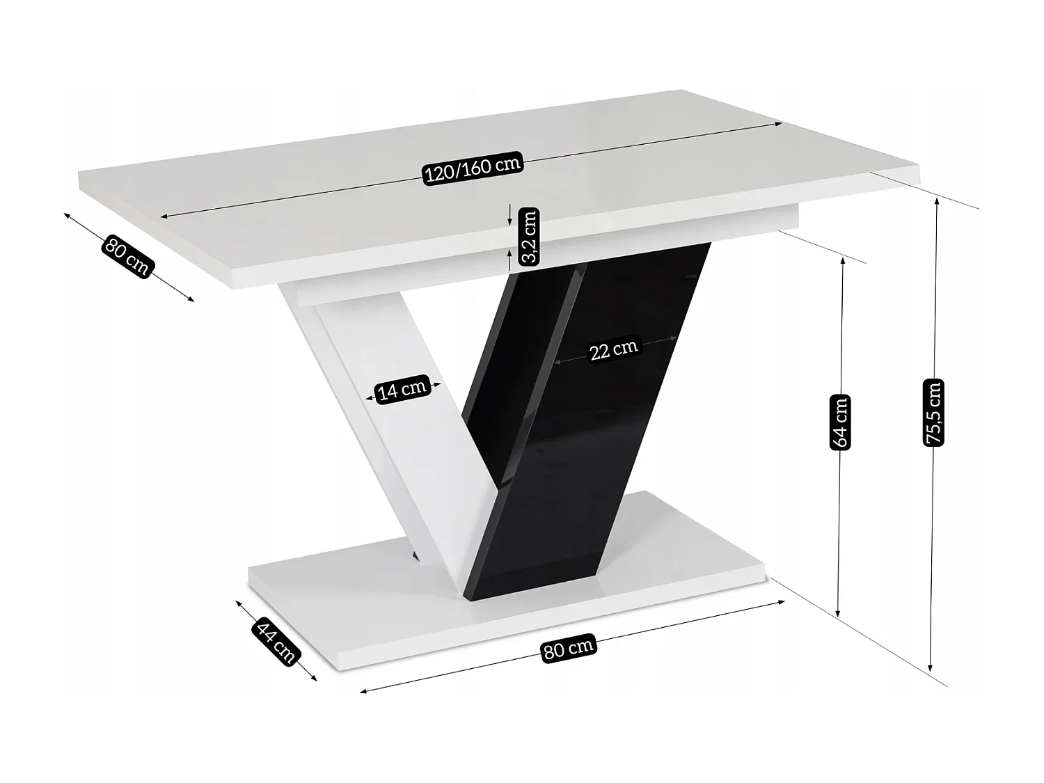 Table extensible CLARK aux dimensions 120-160 cm en blanc avec pieds en noir brillant