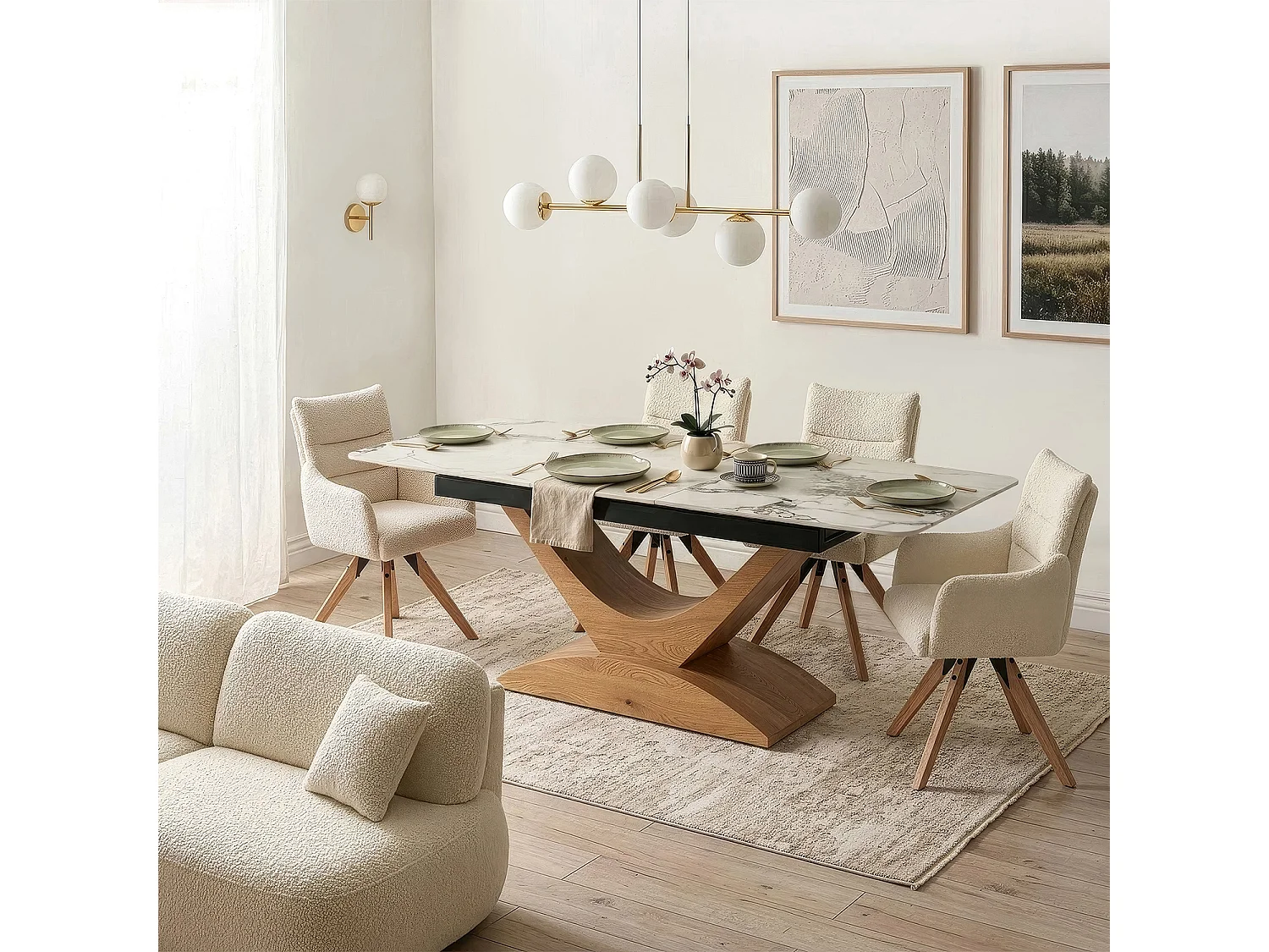 Table extensible ALICANTE de dimensions 160-200 cm en marbre blanc avec pieds en chêne