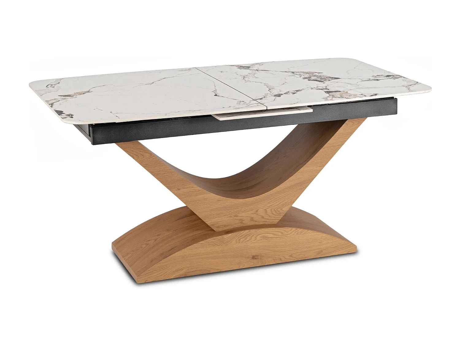 Table extensible ALICANTE de dimensions 160-200 cm en marbre blanc avec pieds en chêne