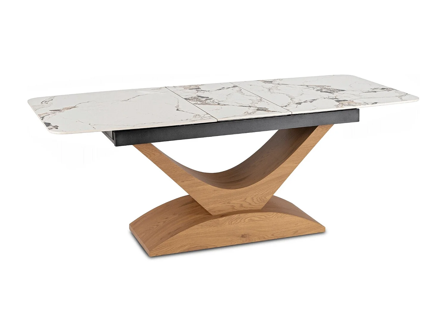 Table extensible ALICANTE de dimensions 160-200 cm en marbre blanc avec pieds en chêne
