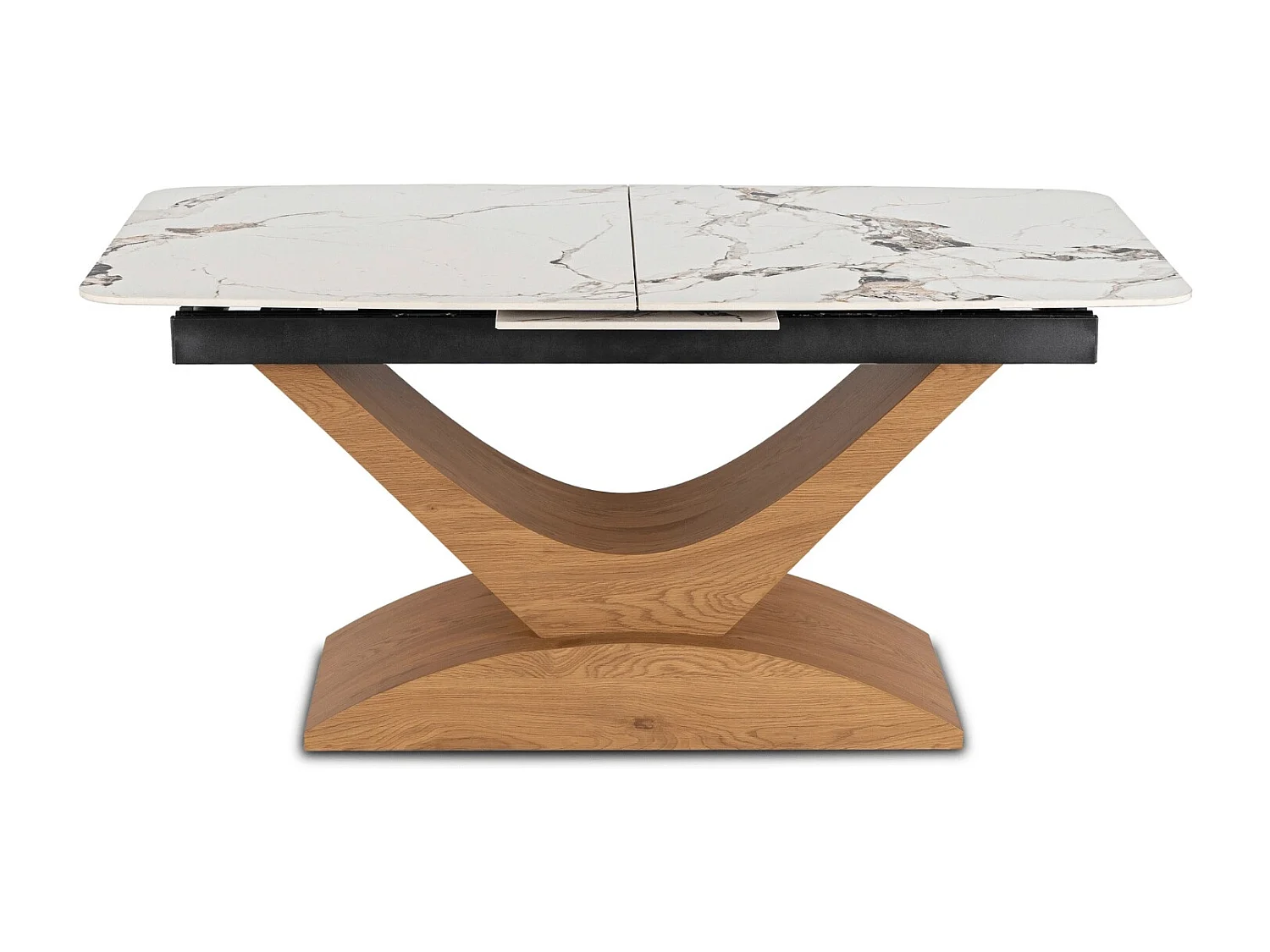 Table extensible ALICANTE de dimensions 160-200 cm en marbre blanc avec pieds en chêne