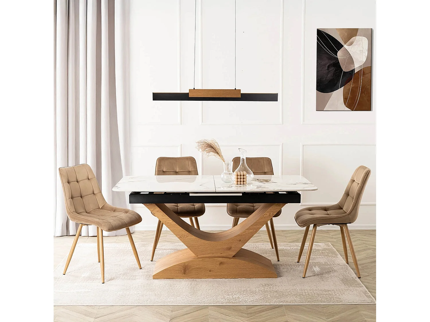 Table extensible ALICANTE de dimensions 160-200 cm en marbre blanc avec pieds en chêne