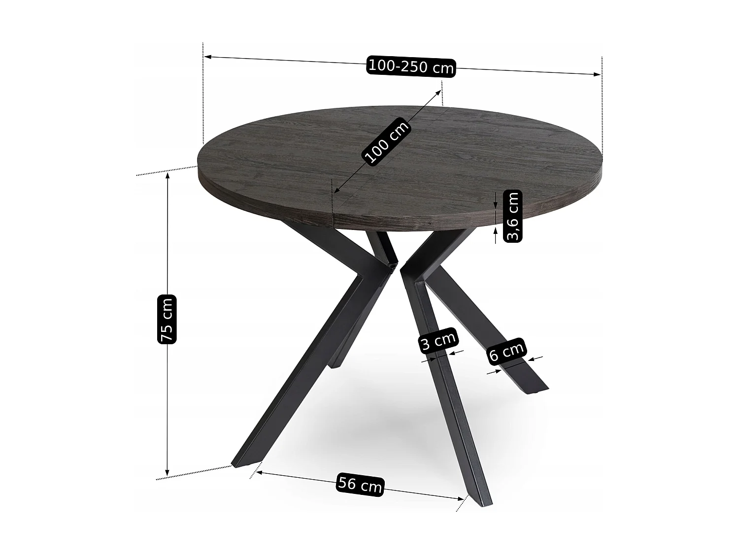 Table extensible LUKAS mesurant 100 à 250 cm en noir avec des pieds en noir