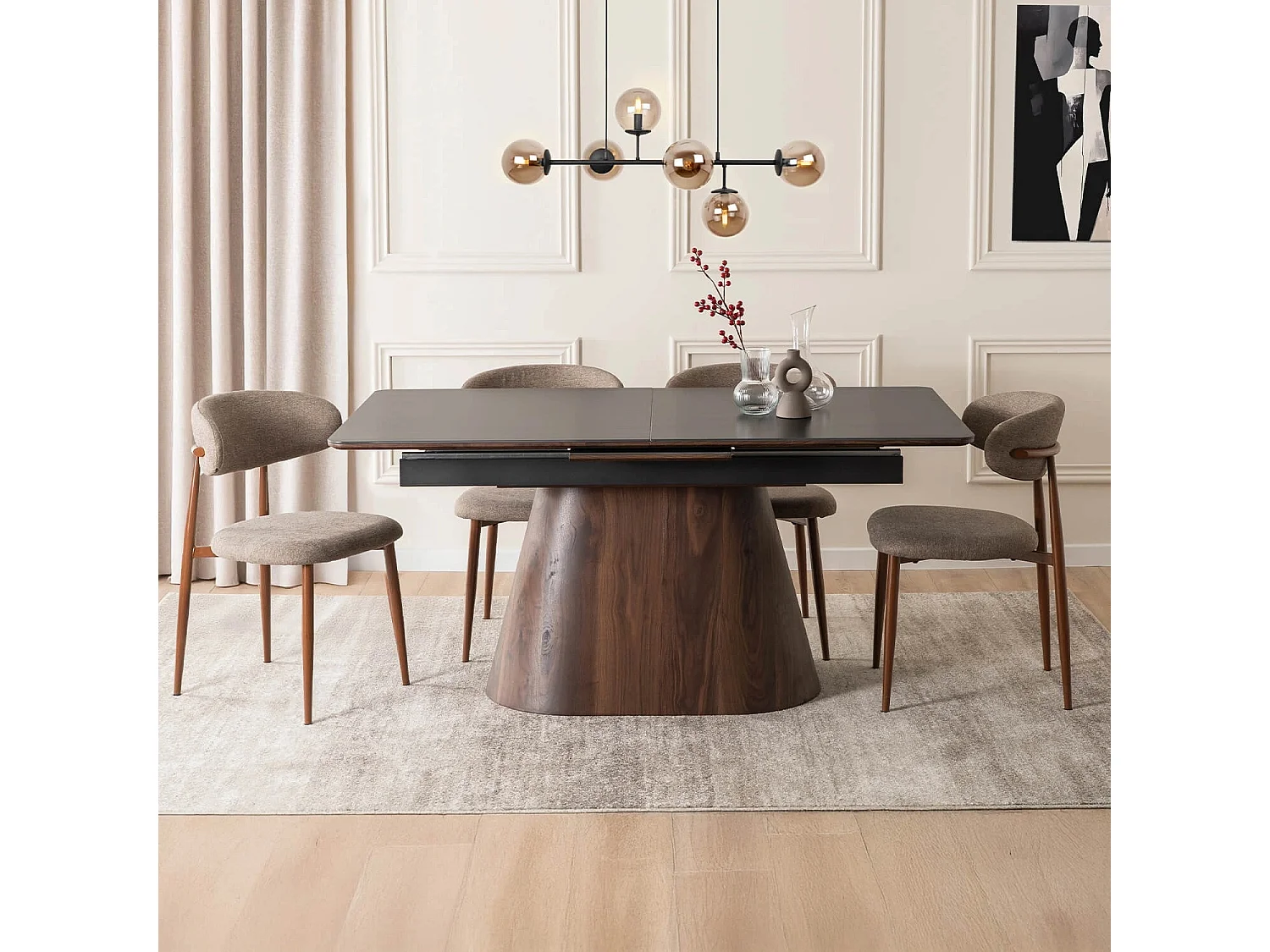 Table extensible LISBON de dimensions 160-200 cm en noyer à jambe noire