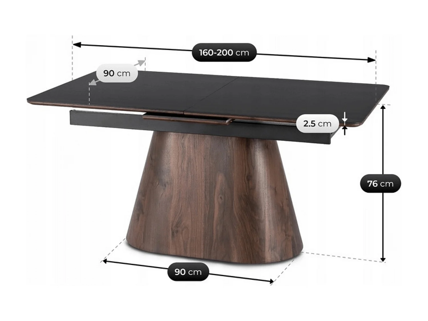 Table extensible LISBON de dimensions 160-200 cm en noyer à jambe noire
