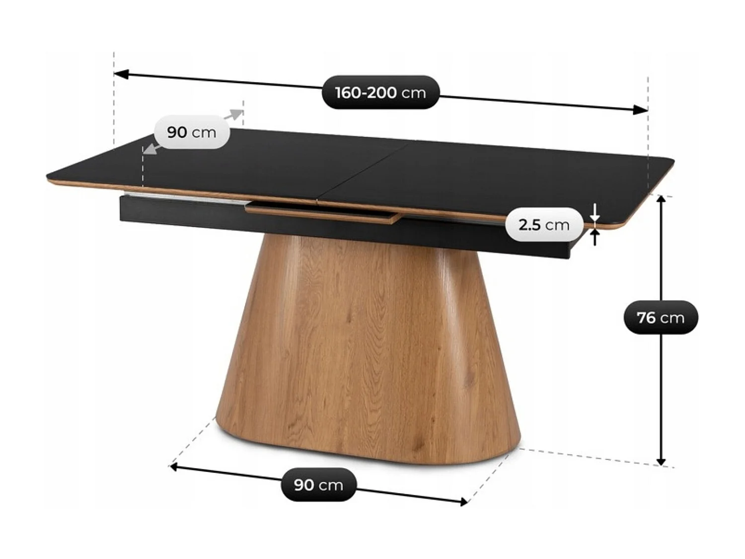 Table extensible LISBON de dimensions 160-200 cm en pied noir en chêne