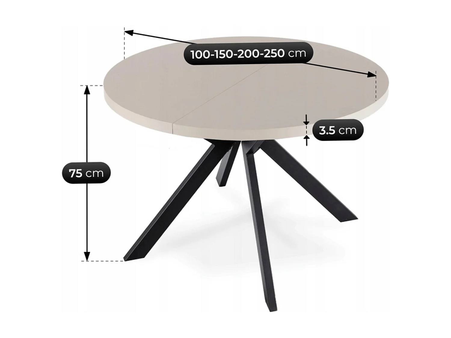 LUKAS extendable table with dimensions of 100-250 cm in cashmere, legs in Black
