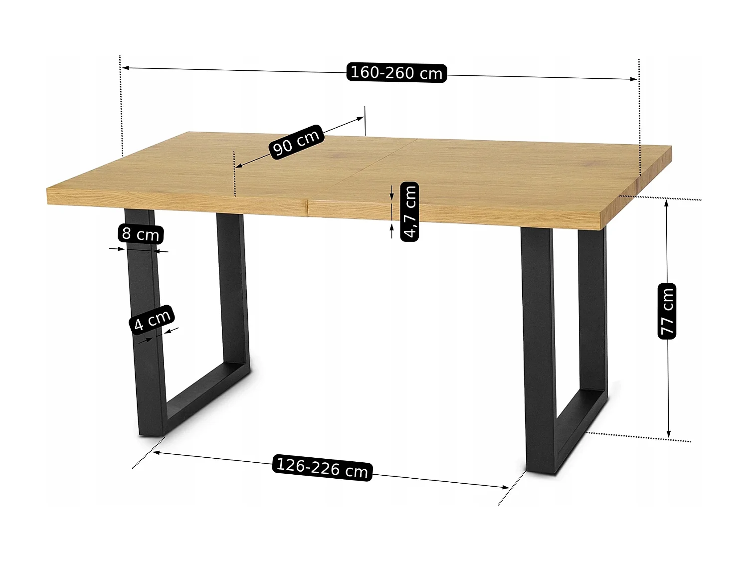 Tavolo estensibile EDWIN di dimensioni 160-260 cm in Quercia Dorata con gambe nere